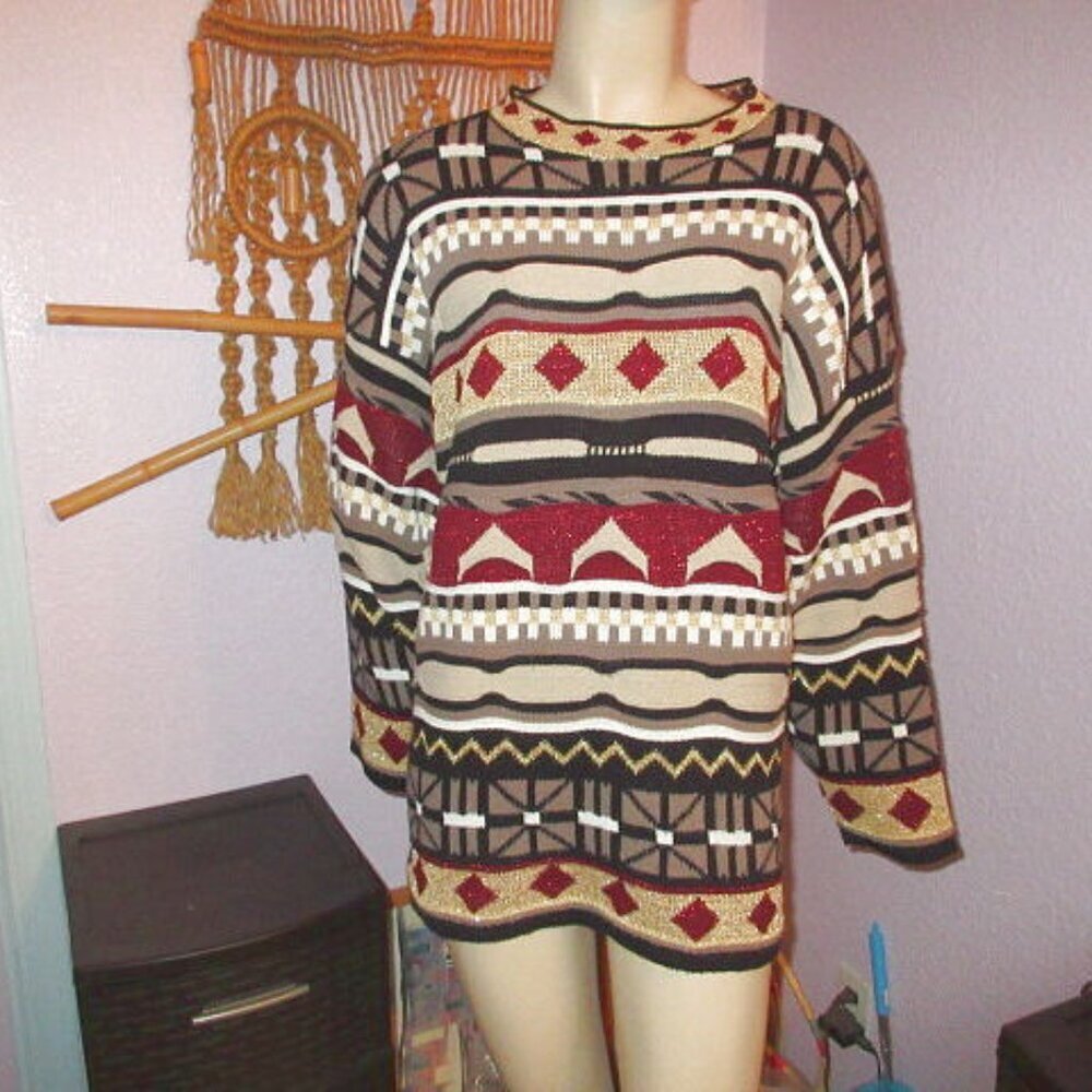 Vtg Huntington Ridge 3D Knit Sweater Men's L Textured Metallic Cosby Chunky USA